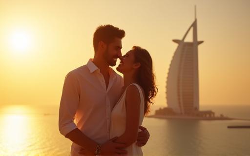 Photo of a couple enjoying a romantic view with Burj Al Arab in the background in Dubai