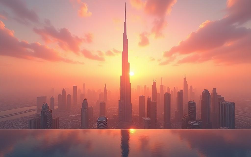 Dubai skyline at sunset with a view of Burj Khalifa and modern buildings